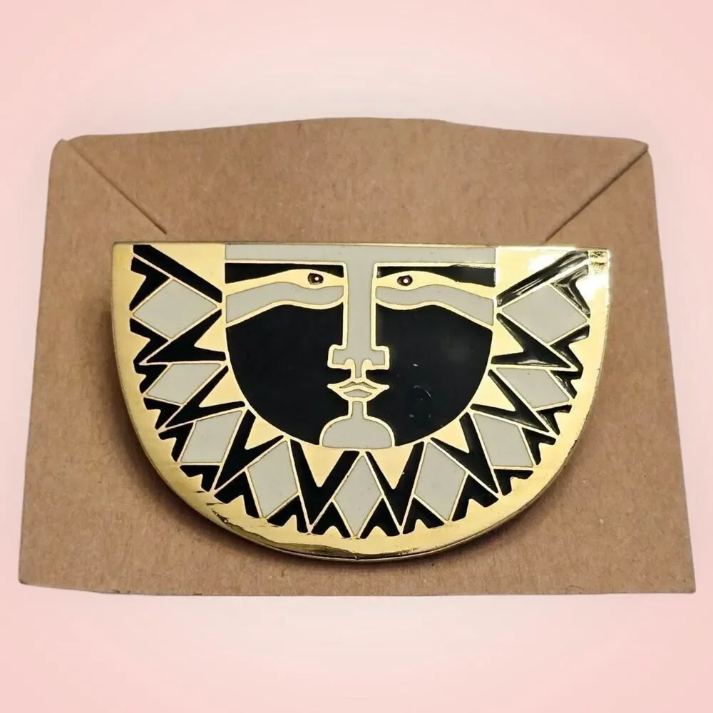 Laurel Burch 'SUNFACE' Pin Brooch Tribal Art Deco Look Black &‎ Cream Gold Tone